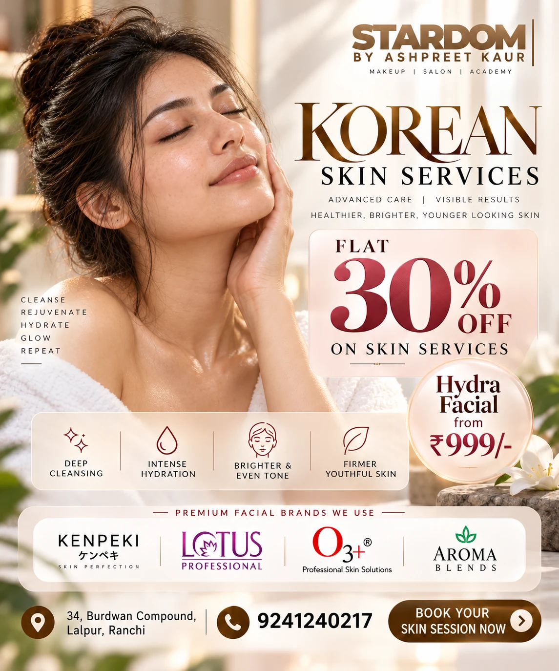 Korean Skin Services — Flat 30% off skin services. Hydra Facial starting at ₹999. Stardom by Ashpreet Kaur, Lalpur, Ranchi
