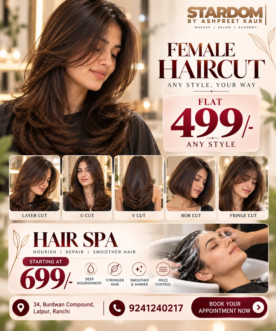 Female Haircut & Hair Spa — Female haircut, any style, flat ₹499. Hair spa starting at ₹699. Stardom by Ashpreet Kaur, Lalpur, Ranchi
